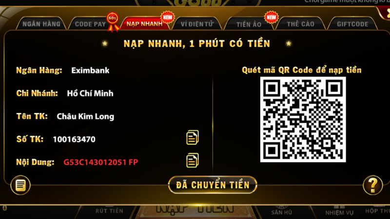 Thực hiện nạp tiền theo từng phương thức cụ thể